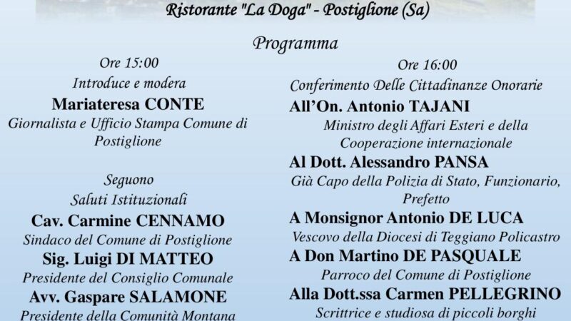 Postiglione: cittadinanza onoraria ad Antonio Tajani e Alessandro Pansa