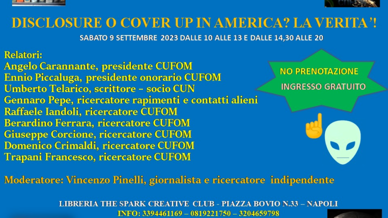 Napoli: Ufo, convegno con esperti “Disclosure o cover up in America? La verità!”