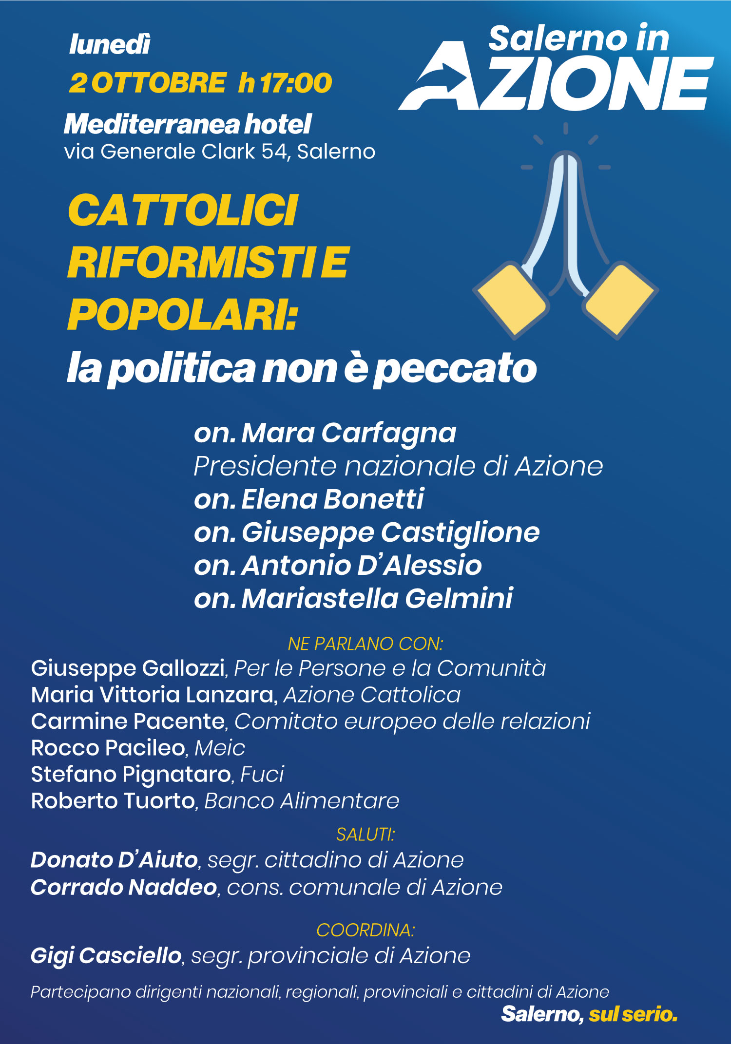 Salerno: Azione “Cattolici riformisti e popolari”, convention “La politica non è peccato”