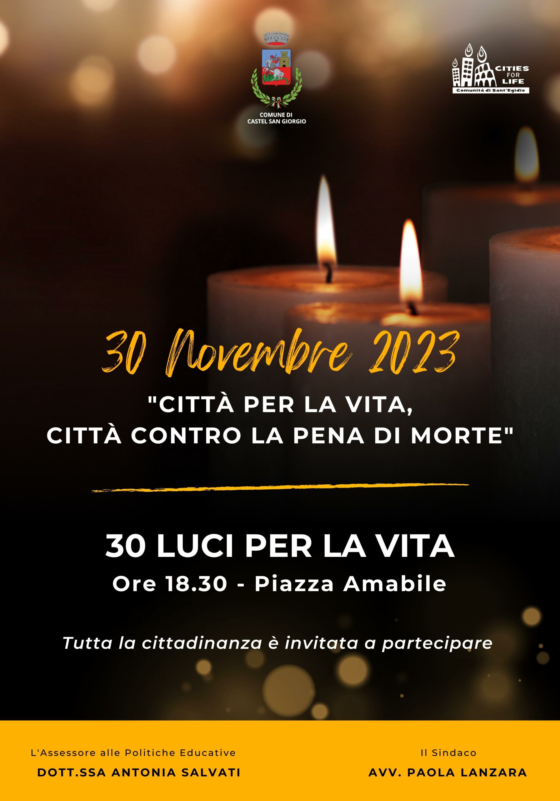 Castel San Giorgio: “30 Luci per la Vita”, Comune in Rete contro pena di morte 