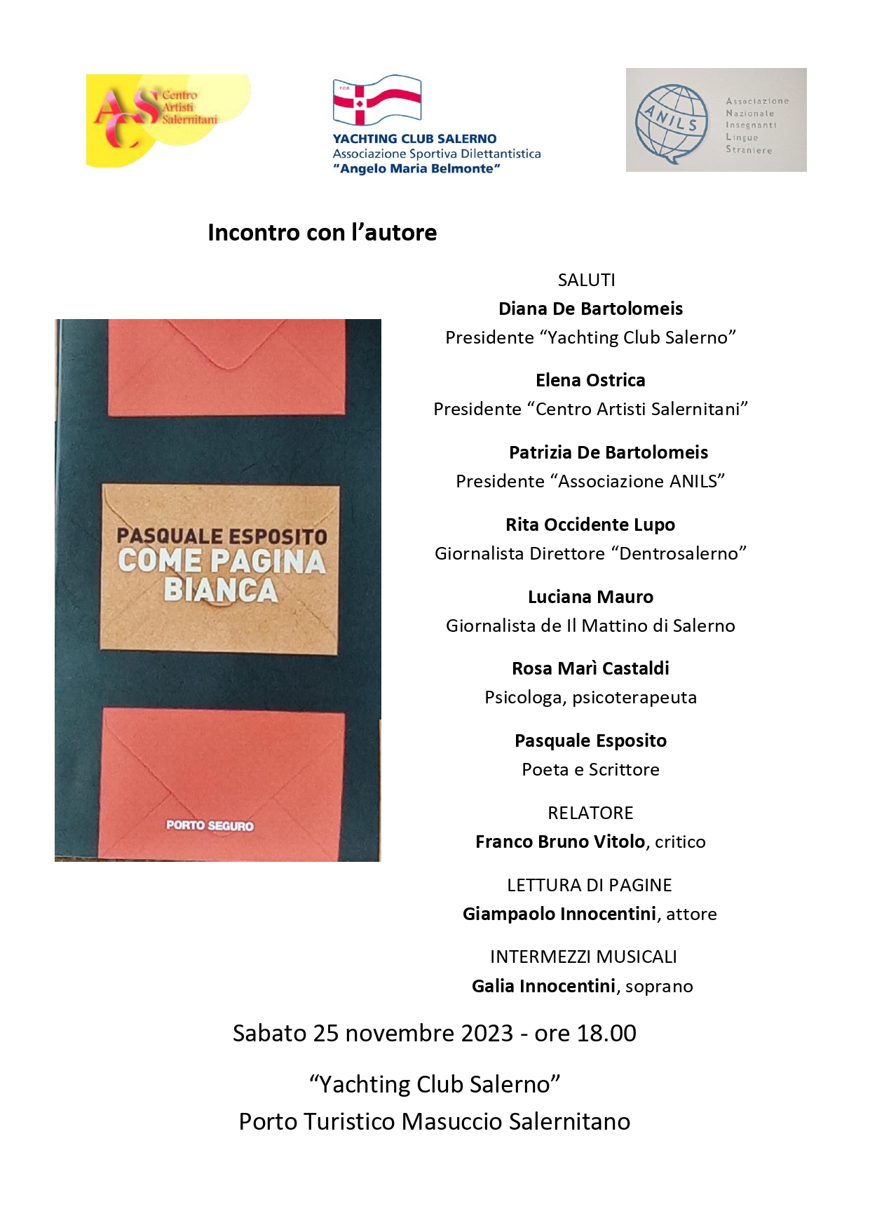 Salerno: Incontro con l’autore, presentazione libro di Pasquale Esposito “Come pagina bianca”