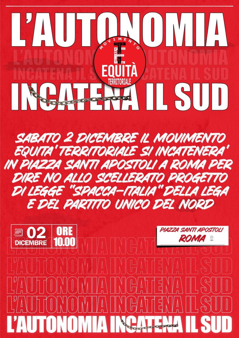 Roma: Movimento Equità Territoriale, in catene contro autonomia differenziata
