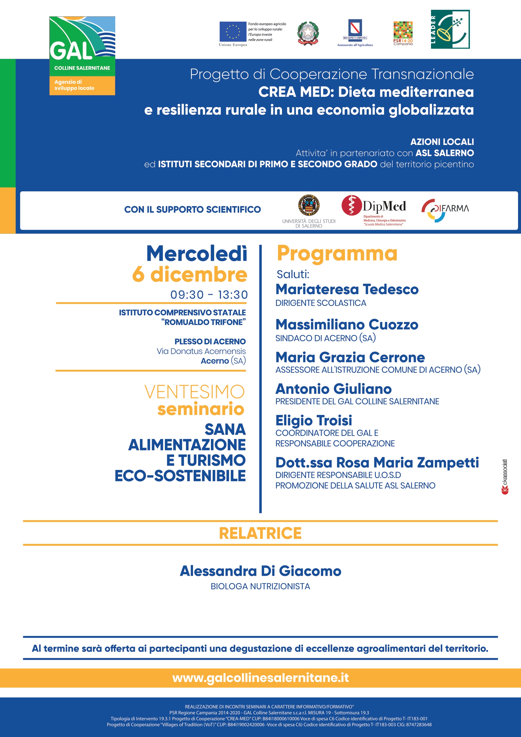 Giffoni Valle Piana: GAL, seminario su Dieta Mediterranea all’IC “Romualdo Trifone” plesso di Acerno 