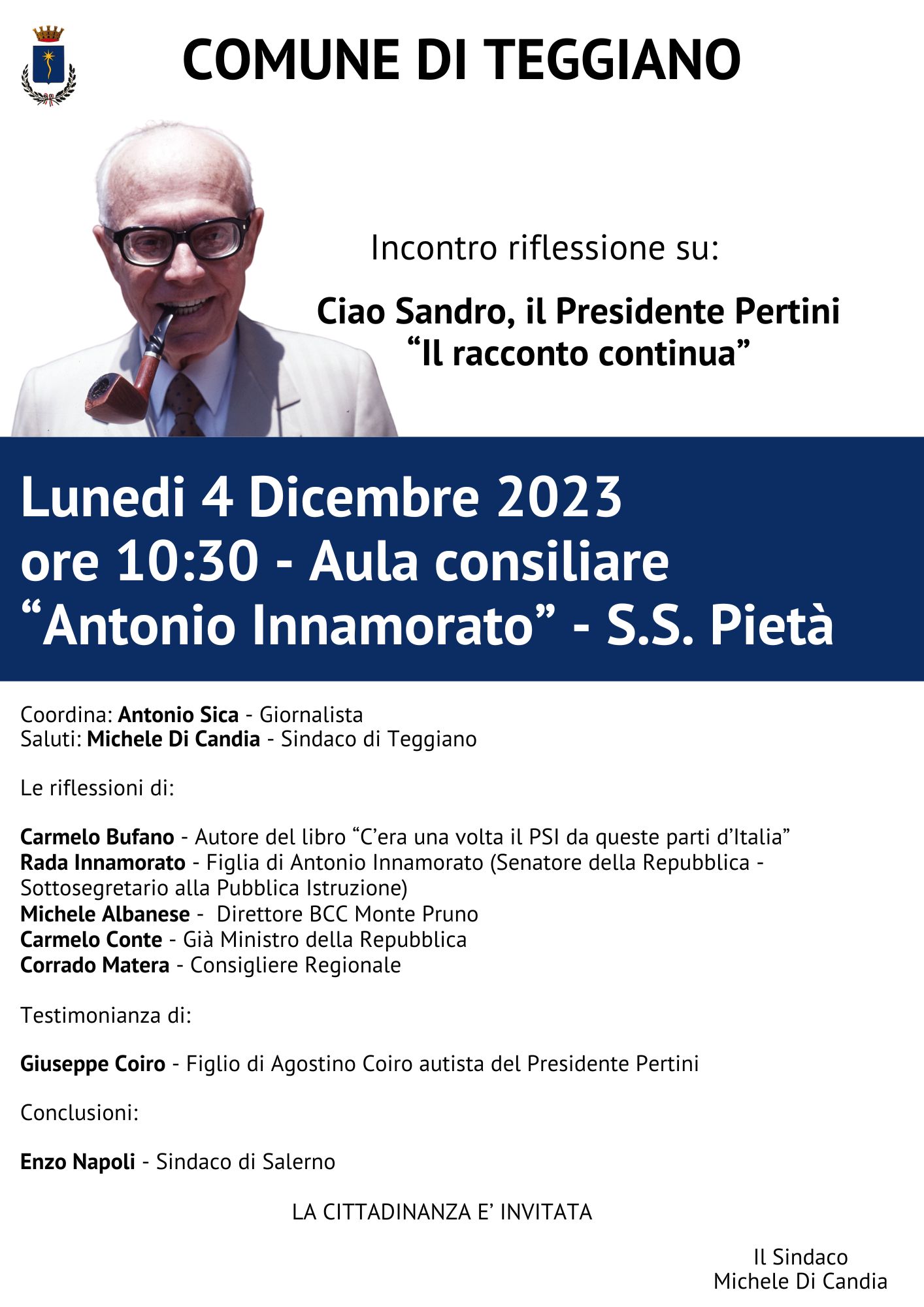 Teggiano: ricordo di Sandro Pertini, il Presidente più amato da Italiani