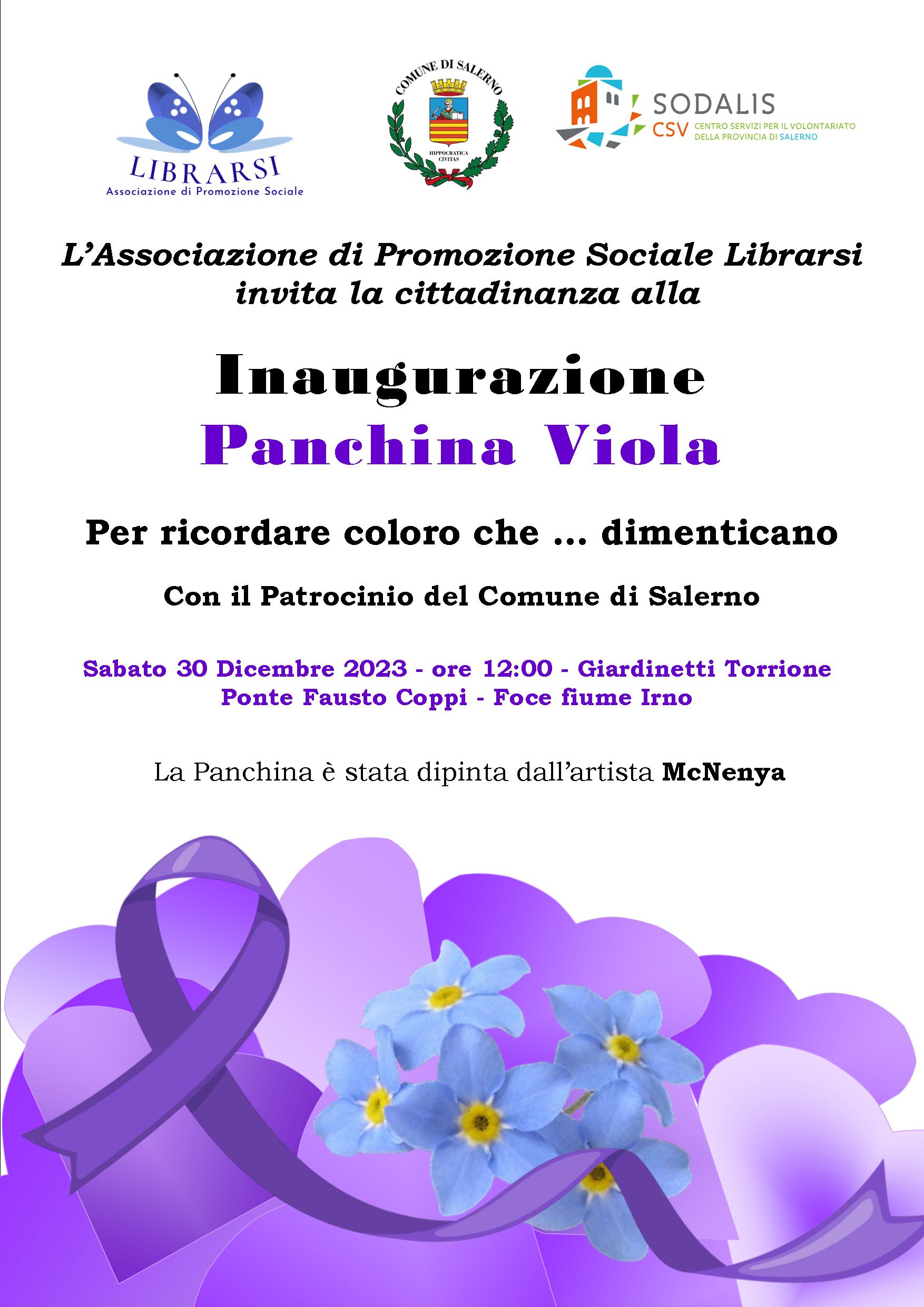 Salerno: LIBRARSI, panchina viola “Per non dimenticare chi dimentica”