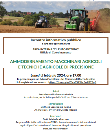 Roccadaspide: Ammodernamento macchinari agricoli per agricoltura di precisione, incontro pubblico