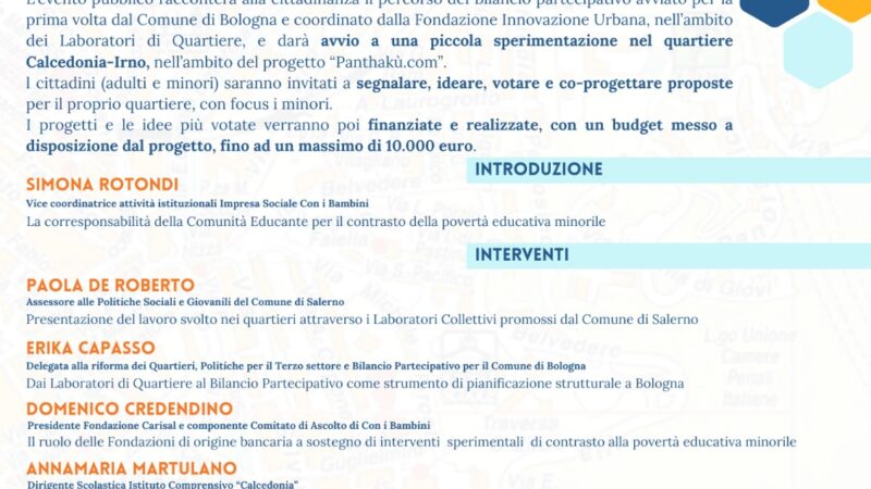 Salerno: ”Panthaku’.com” tra partecipazione attiva e innovazione sociale, scambio di buone prassi tra Salerno e Bologna, presentazione 