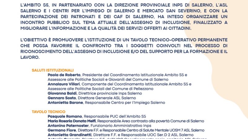 Salerno: da Reddito di Cittadinanza ad assegno d’inclusione, confronto tra operatori del settore