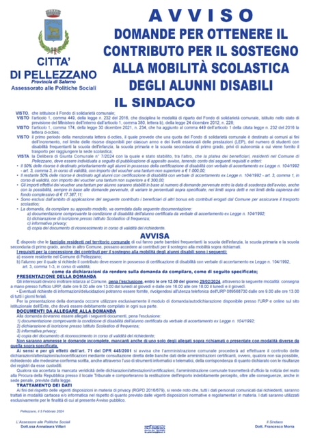 Pellezzano: al via domande per contributo mobilità scolastica di alunni disabili