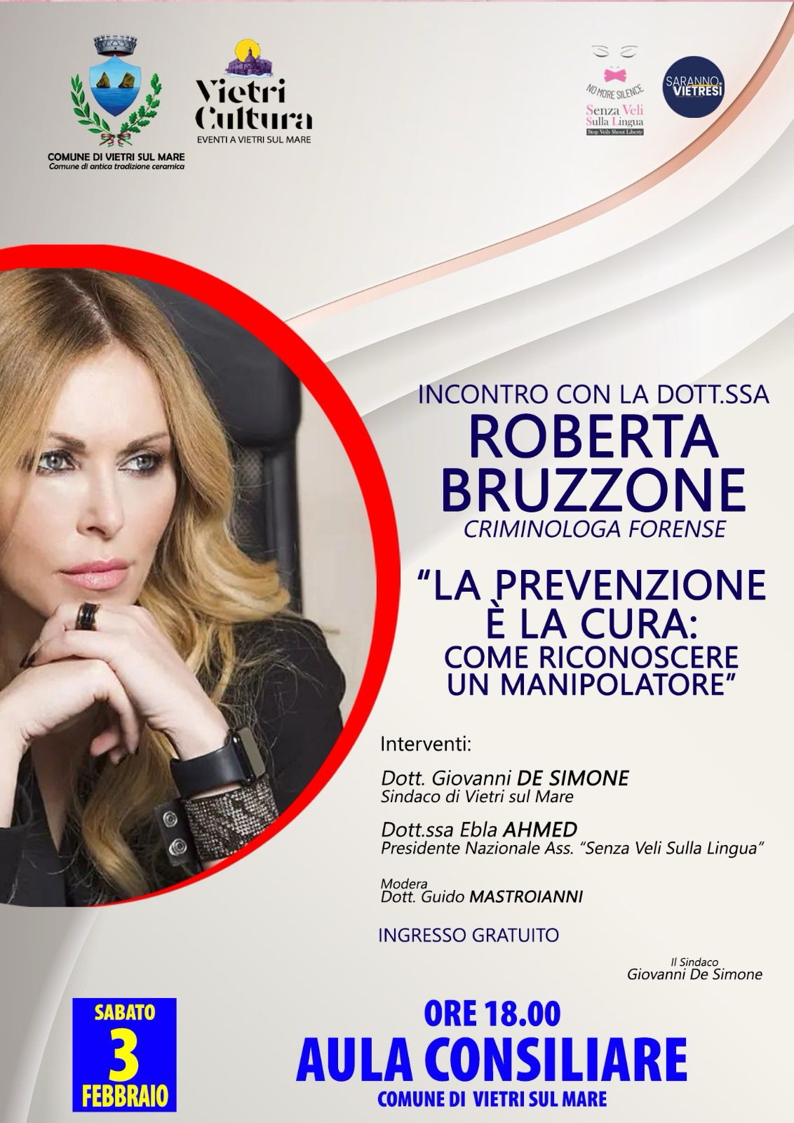 Vietri sul Mare: incontro “La prevenzione è la cura: come riconoscere un manipolatore” incontro con criminologa forense Roberta Bruzzone   