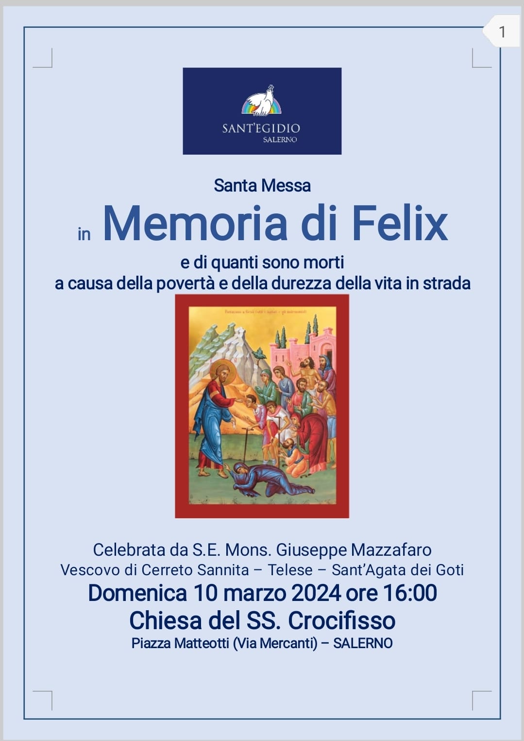 Salerno: Comunità di Sant’Egidio, memoria di Felix, Messa per indigenti deceduti 