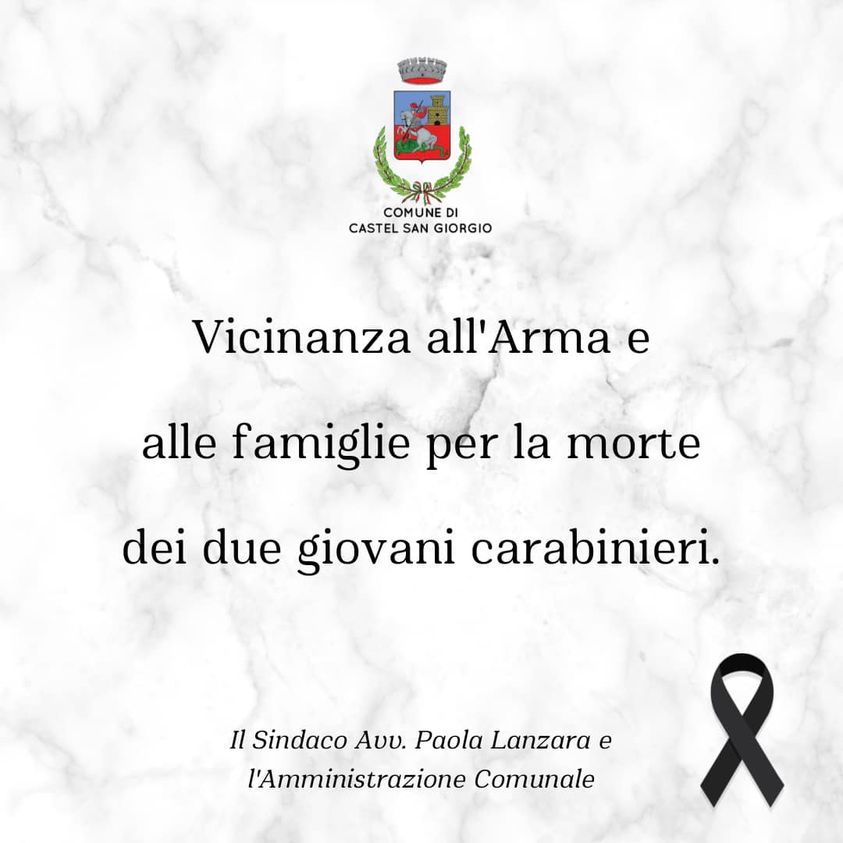 Castel San Giorgio: morti 2 Carabinieri, Sindaca Lanzara “Vicinanza ad Arma e a familiari”