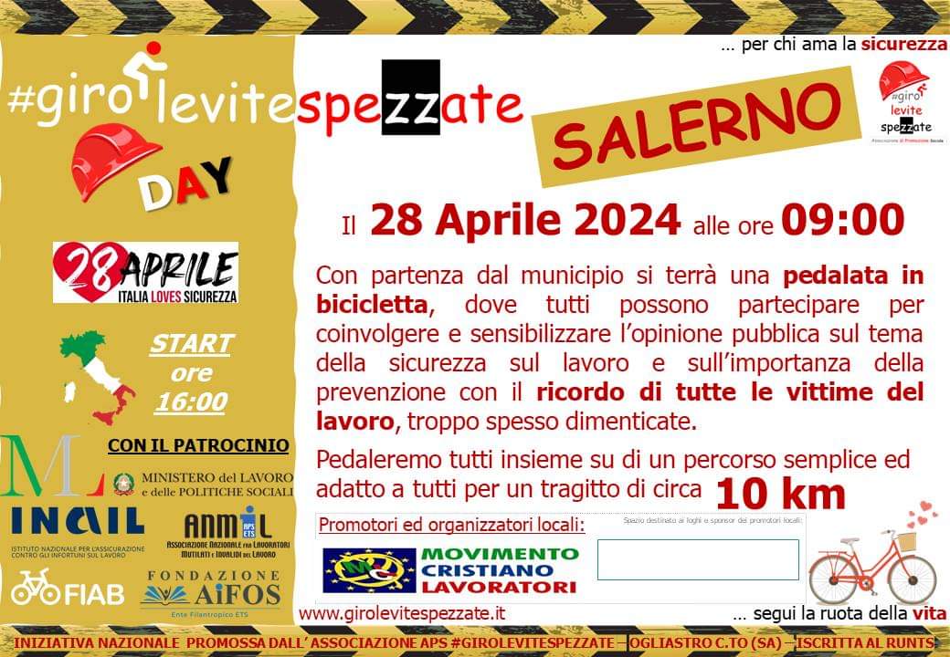 Salerno: MCL, Giornata Mondiale Sicurezza su Lavoro con girolevitespezzateDAY