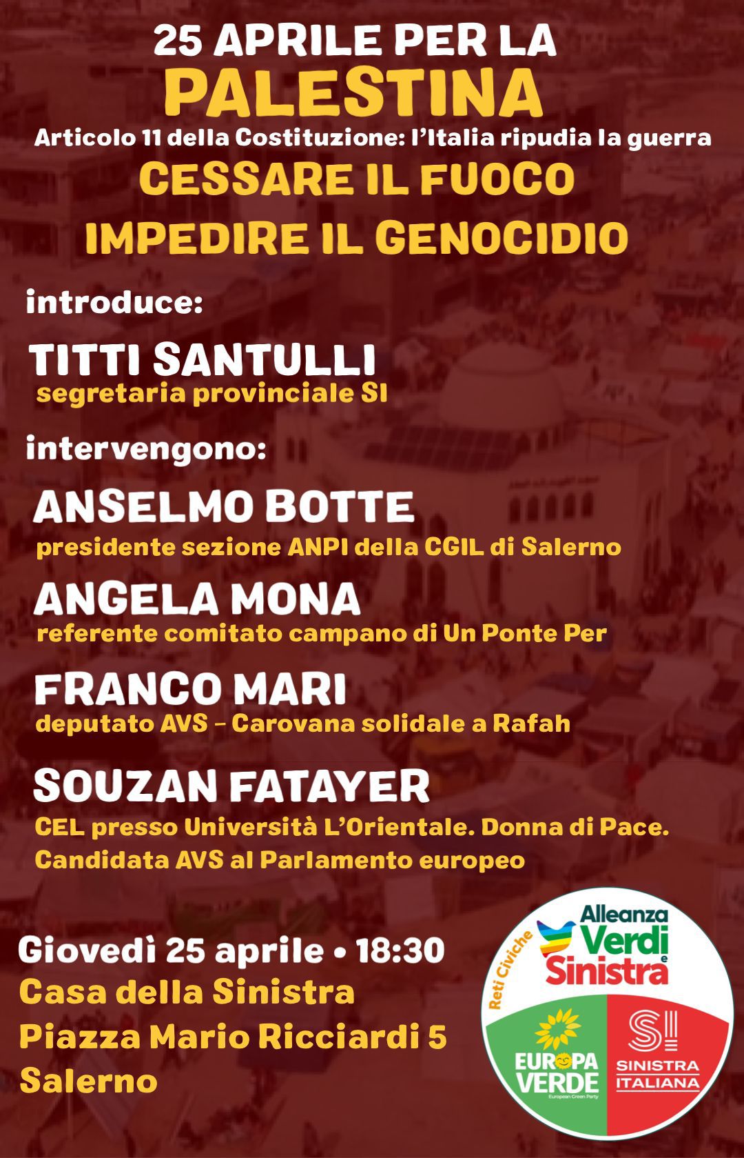 Salerno: SI, “25 Aprile per la Palestina. Cessare il fuoco – impedire il genocidio”