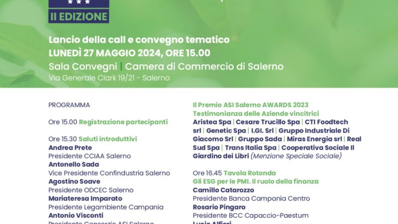 Salerno: ASI, ESG – Aree Industriali, convegno tematico, lancio call